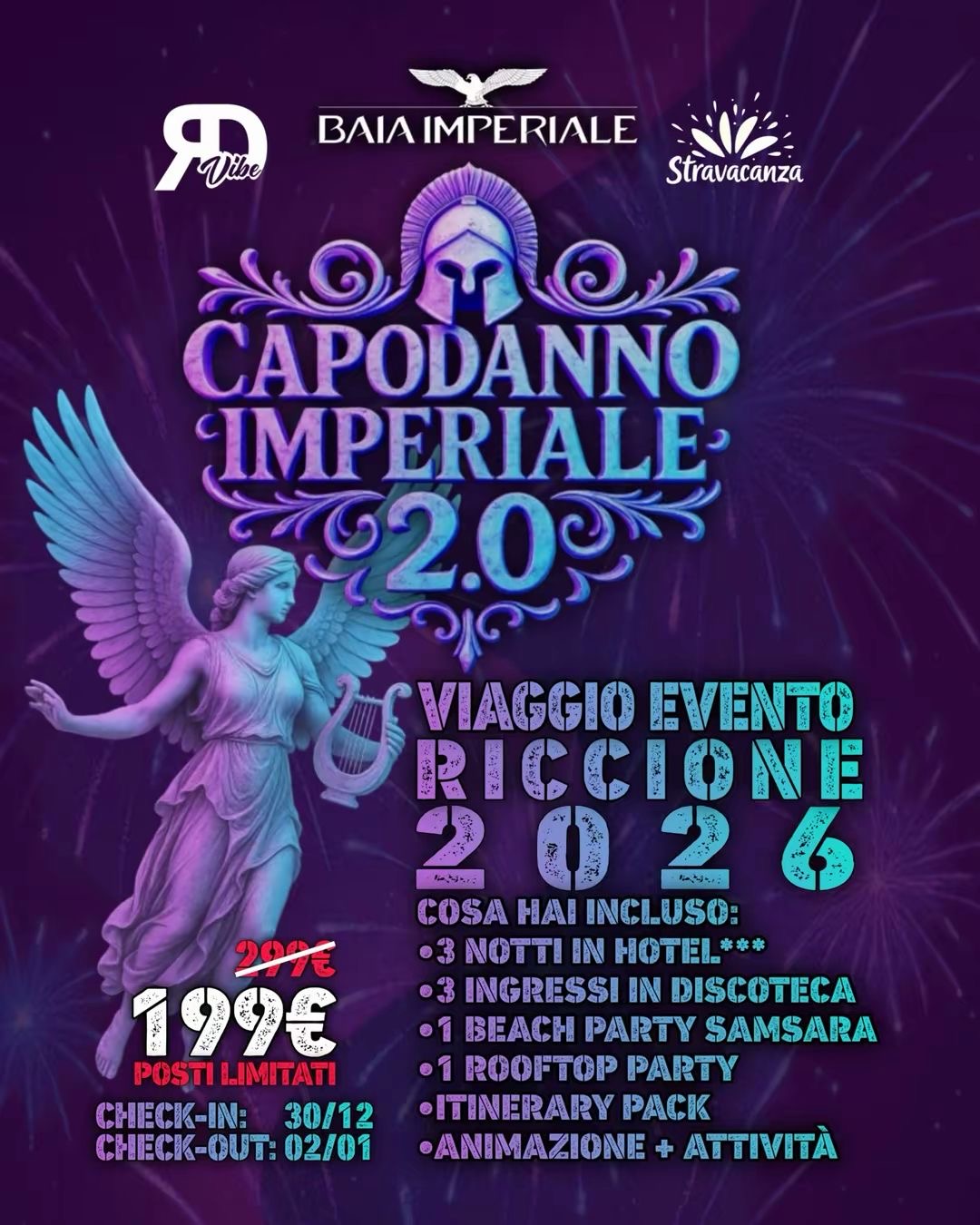 Capodanno a Riccione 2025: Pacchetto 3 Notti + 3 Discoteche (31 alla Baia Imperiale)